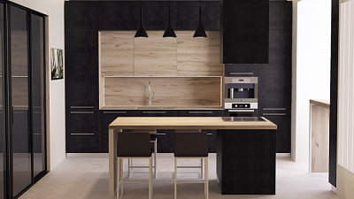 Кухня на заказ Бетон темный - Дуб сепия софт 1923